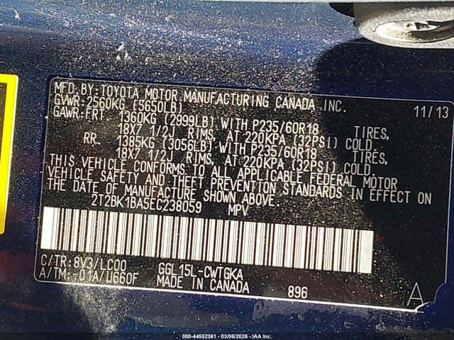 44552361 :رقم المزاد ، 2T2BK1BA5EC238059 vin ، 2014 Lexus Rx 350 مزاد بيع