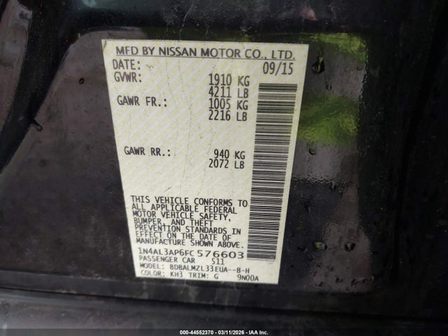 Продажа на аукционе авто 2015 Nissan Altima 2.5 Sv, vin: 1N4AL3AP6FC576603, номер лота: 44552370