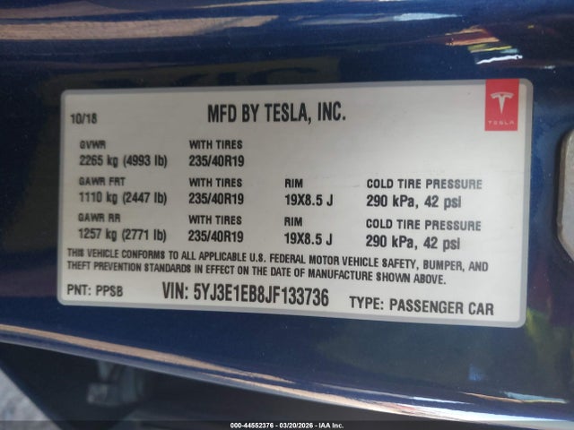 Продажа на аукционе авто 2018 Tesla Model 3 Long Range/performance, vin: 5YJ3E1EB8JF133736, номер лота: 44552376