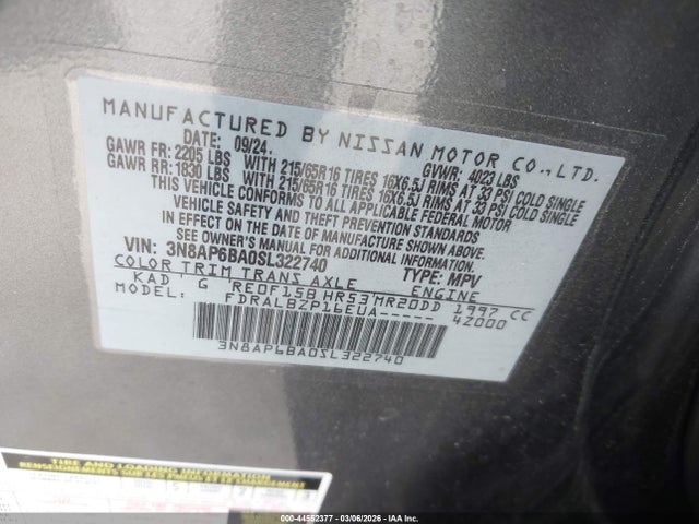 Продажа на аукционе авто 2025 Nissan Kicks S, vin: 3N8AP6BA0SL322740, номер лота: 44552377