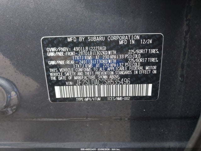 2025 Subaru Forester მანქანა იყიდება აუქციონზე, vin: JF2SLDAC2SH535496, აუქციონის ნომერი: 44552405