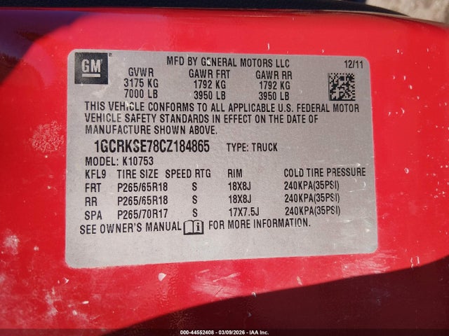 2012 Chevrolet Silverado 1500 Lt მანქანა იყიდება აუქციონზე, vin: 1GCRKSE78CZ184865, აუქციონის ნომერი: 44552408