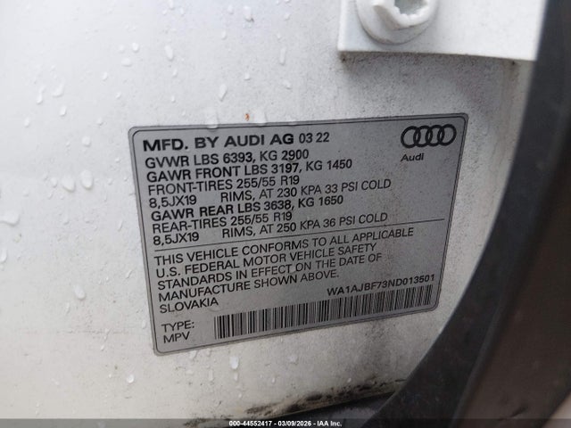 44552417 :رقم المزاد ، WA1AJBF73ND013501 vin ، 2022 Audi Q7 Premium 45 Tfsi Quattro Tiptronic مزاد بيع