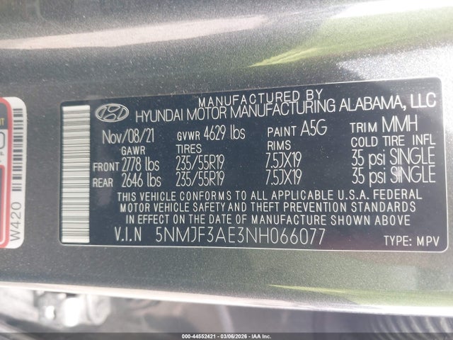 5NMJF3AE3NH066077 Hyundai TUCSON SEL