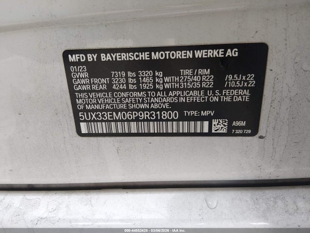 44552425 :رقم المزاد ، 5UX33EM06P9R31800 vin ، 2023 Bmw X7 M60i مزاد بيع