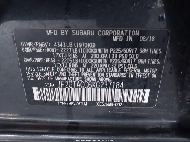 JF2GTACC6KG237184 Subaru Crosstrek 2.0i Premium