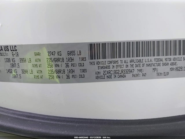 2018 Chrysler Pacifica Touring L მანქანა იყიდება აუქციონზე, vin: 2C4RC1BG2JR332947, აუქციონის ნომერი: 44552440