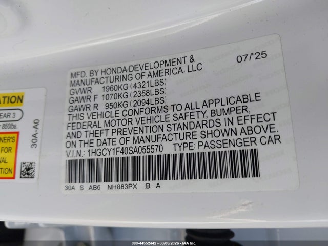 Aukcja sprzedaży 2025 Honda Accord Se, vin: 1HGCY1F40SA055570, numer aukcji: 44552442