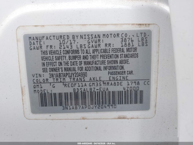 Продаж на аукціоні авто 2018 Nissan Sentra S, vin: 3N1AB7AP0JY204990, номер лоту: 44552448