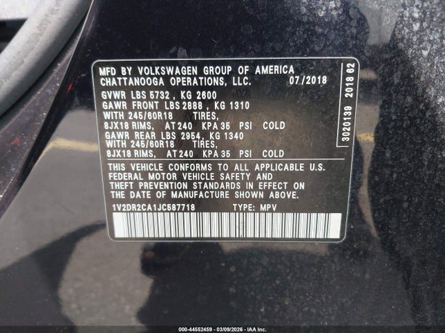 44552459 :رقم المزاد ، 1V2DR2CA1JC587718 vin ، 2018 Volkswagen Atlas 3.6l V6 Se/3.6l V6 Se W/technology مزاد بيع
