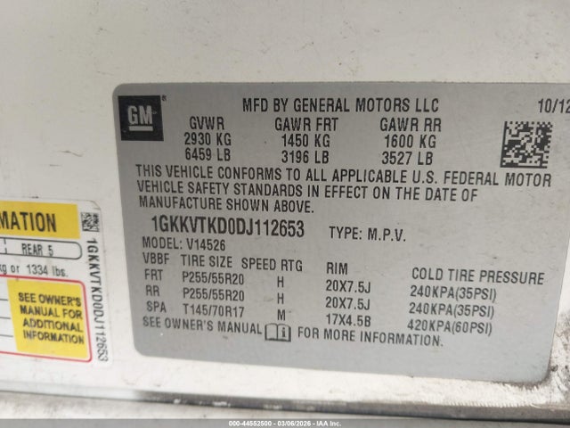 44552500 :رقم المزاد ، 1GKKVTKD0DJ112653 vin ، 2013 Gmc Acadia Denali مزاد بيع
