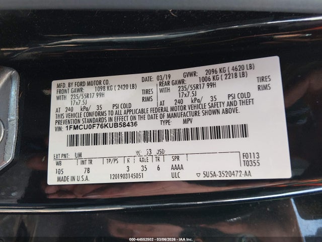 Ford ESCAPE S 2019 1FMCU0F76KUB58436 Image 9