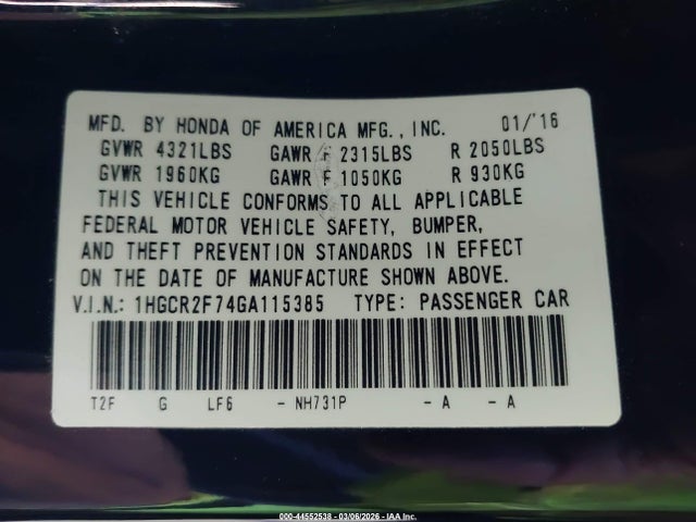 1HGCR2F74GA115385 Honda ACCORD EX