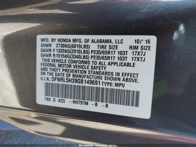 5FNRL5H39GB149691 Honda ODYSSEY SE