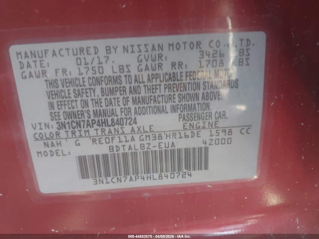 Aukcja sprzedaży 2017 Nissan Versa 1.6 Sv, vin: 3N1CN7AP4HL840724, numer aukcji: 44552570