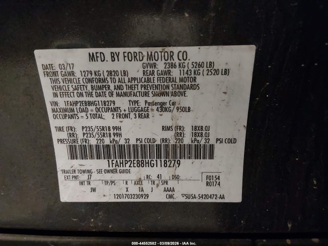 2017 Ford Taurus Sel მანქანა იყიდება აუქციონზე, vin: 1FAHP2E88HG118279, აუქციონის ნომერი: 44552582
