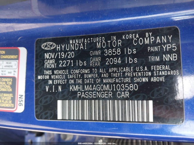 Aukcja sprzedaży 2021 Hyundai Elantra Sel, vin: KMHLM4AG0MU103580, numer aukcji: 44552584