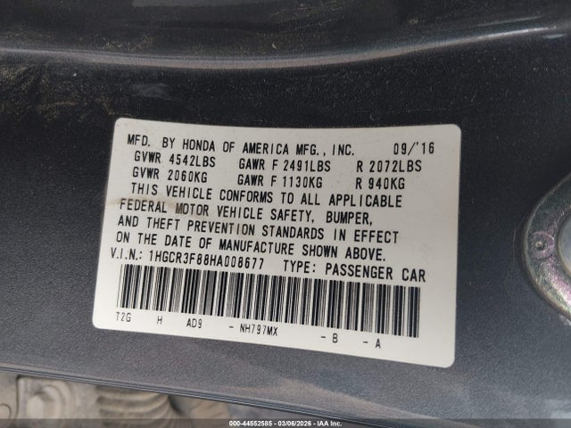 Aukcja sprzedaży 2017 Honda Accord Ex-l V6, vin: 1HGCR3F88HA008677, numer aukcji: 44552585