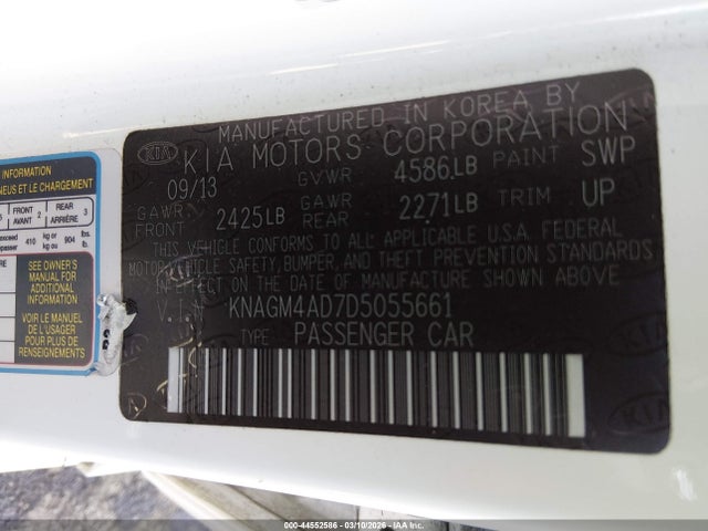44552586 :رقم المزاد ، KNAGM4AD7D5055661 vin ، 2013 Kia Optima Hybrid Lx مزاد بيع
