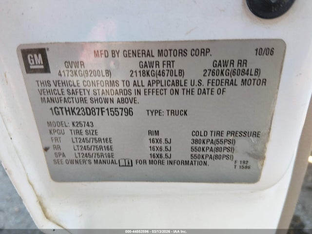 Aukcja sprzedaży 2007 Gmc Sierra 2500hd Classic Slt, vin: 1GTHK23D87F155796, numer aukcji: 44552596