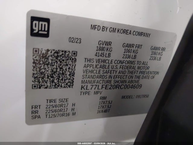 Aukcja sprzedaży 2024 Chevrolet Trax Fwd Sp, vin: KL77LFE20RC004609, numer aukcji: 44552597