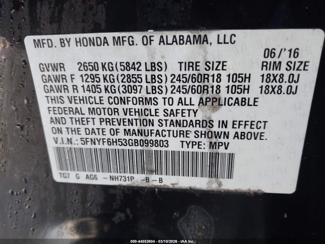 2016 HONDA PILOT 5FNYF6H53GB099803 Photo 8
