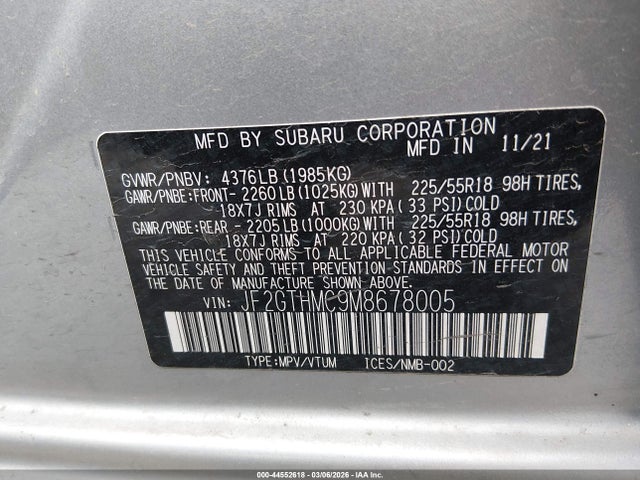 Aukcja sprzedaży 2021 Subaru Crosstrek Limited, vin: JF2GTHMC9M8678005, numer aukcji: 44552618