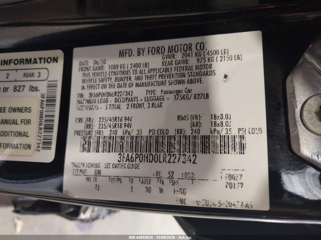 Продаж на аукціоні авто 2020 Ford Fusion Se, vin: 3FA6P0HD0LR227342, номер лоту: 44552635