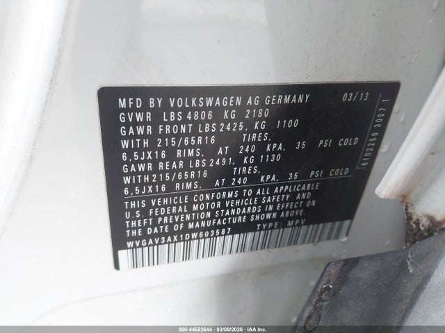 Продаж на аукціоні авто 2013 Volkswagen Tiguan S, vin: WVGAV3AX1DW603587, номер лоту: 44552644