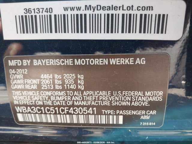 2012 Bmw 328i მანქანა იყიდება აუქციონზე, vin: WBA3C1C51CF430541, აუქციონის ნომერი: 44552673