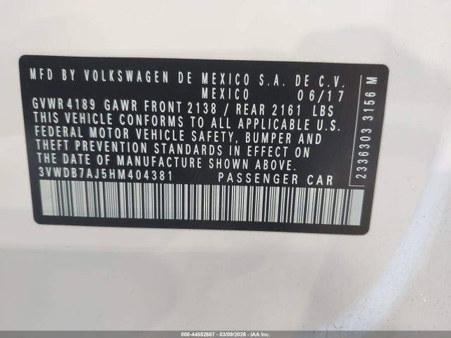 Продаж на аукціоні авто 2017 Volkswagen Jetta 1.4t Se, vin: 3VWDB7AJ5HM404381, номер лоту: 44552687