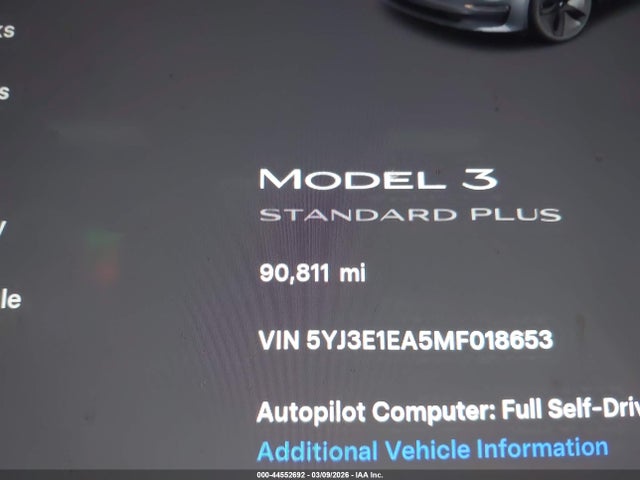 Aukcja sprzedaży 2021 Tesla Model 3 Standard Range Plus Rear-wheel Drive, vin: 5YJ3E1EA5MF018653, numer aukcji: 44552692