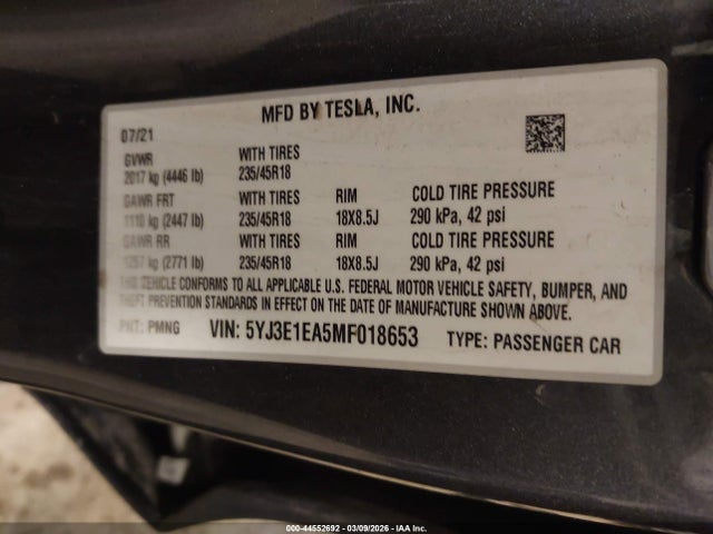 Aukcja sprzedaży 2021 Tesla Model 3 Standard Range Plus Rear-wheel Drive, vin: 5YJ3E1EA5MF018653, numer aukcji: 44552692