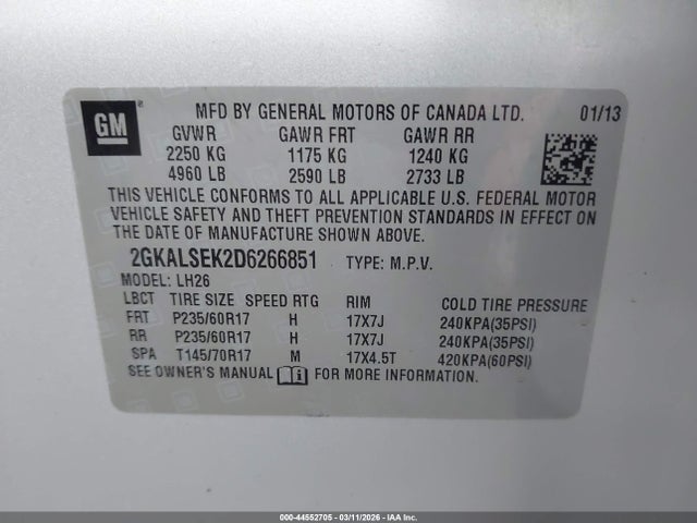 Aukcja sprzedaży 2013 Gmc Terrain Sle-2, vin: 2GKALSEK2D6266851, numer aukcji: 44552705
