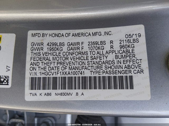 Honda ACCORD LX 2019 1HGCV1F1XKA100741 Image 9