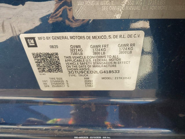 Aukcja sprzedaży 2020 Gmc Sierra 1500 4wd  Short Box Elevation, vin: 3GTU9CED2LG418533, numer aukcji: 44552826
