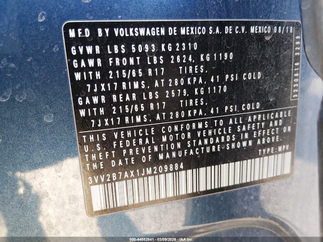 Продаж на аукціоні авто 2018 Volkswagen Tiguan 2.0t Se/2.0t Sel, vin: 3VV2B7AX1JM209884, номер лоту: 44552841