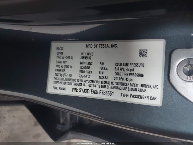 Aukcja sprzedaży 2020 Tesla Model 3 Standard Range Plus Rear-wheel Drive/standard Range Rear-wheel Drive, vin: 5YJ3E1EAXLF736651, numer aukcji: 44552868