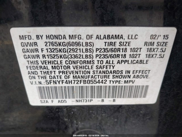Honda Pilot Ex-l 2015 5FNYF4H72FB055442 Image 9