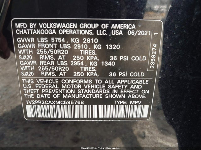 Продаж на аукціоні авто 2021 Volkswagen Atlas 3.6l V6 Se W/technology R-line, vin: 1V2PR2CAXMC595768, номер лоту: 44552920