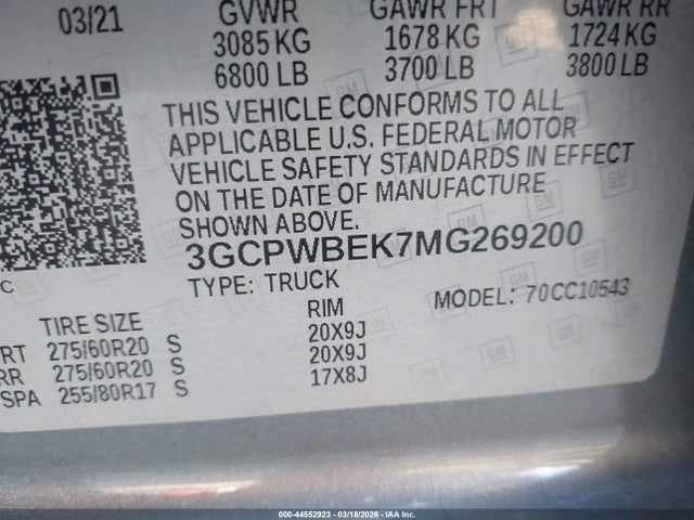 3GCPWBEK7MG269200 Chevrolet Silverado 1500 2wd Short Bed Custom