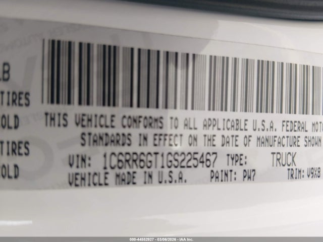 44552927 :رقم المزاد ، 1C6RR6GT1GS225467 vin ، 2016 Ram 1500 Slt مزاد بيع
