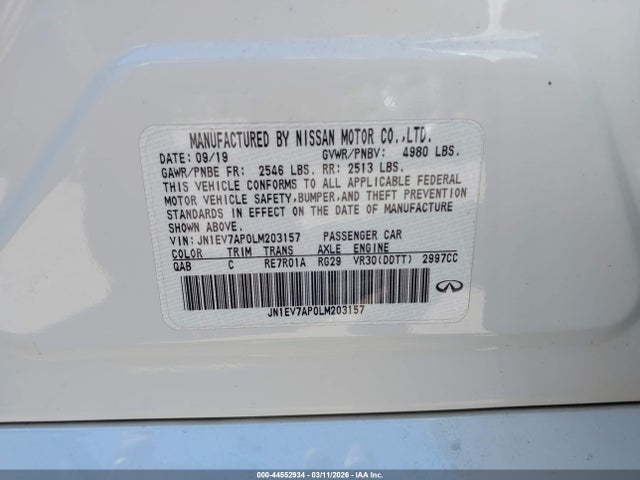 Aukcja sprzedaży 2020 Infiniti Q50 Luxe, vin: JN1EV7AP0LM203157, numer aukcji: 44552934