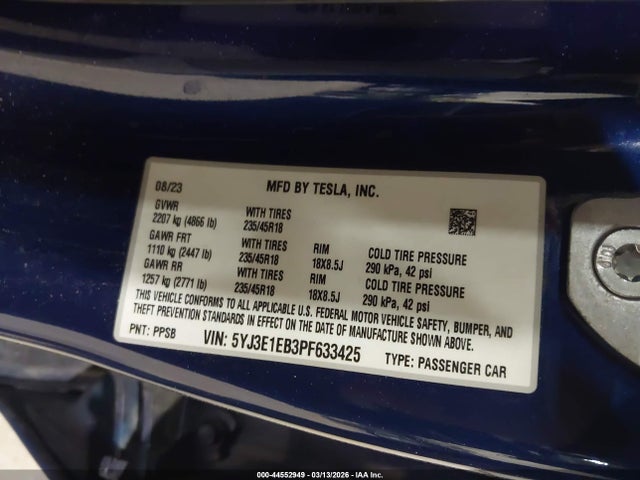 Продажа на аукционе авто 2023 Tesla Model 3 Long Range Dual Motor All-wheel Drive, vin: 5YJ3E1EB3PF633425, номер лота: 44552949