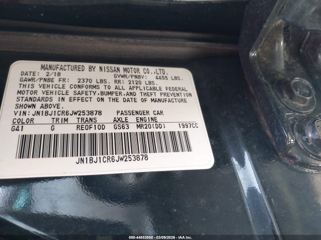 44552950 :رقم المزاد ، JN1BJ1CR6JW253878 vin ، 2018 Nissan Rogue Sport Sv مزاد بيع