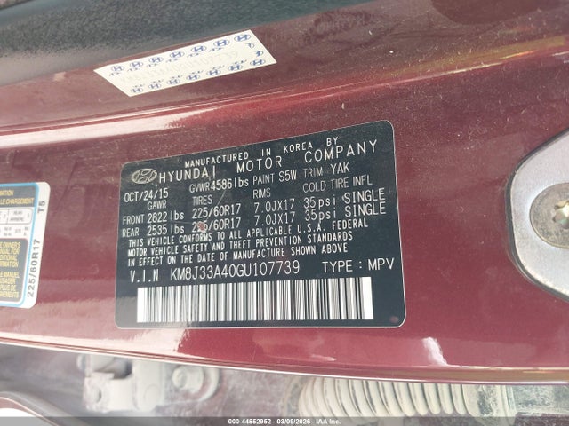 KM8J33A40GU107739 Hyundai TUCSON SE