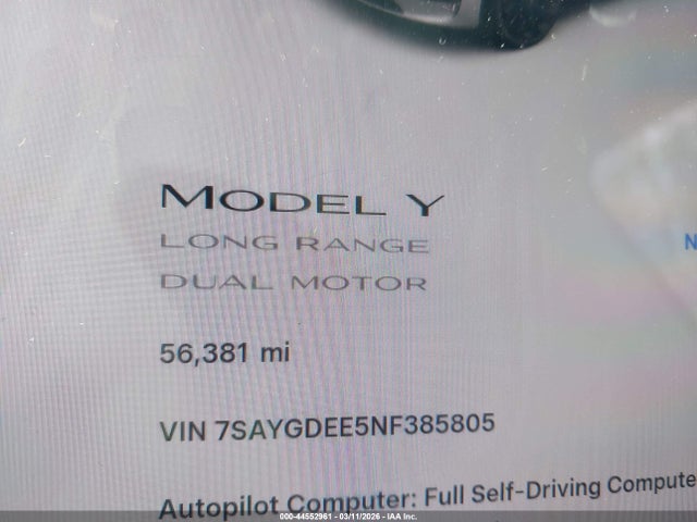 Aukcja sprzedaży 2022 Tesla Model Y Long Range Dual Motor All-wheel Drive, vin: 7SAYGDEE5NF385805, numer aukcji: 44552961