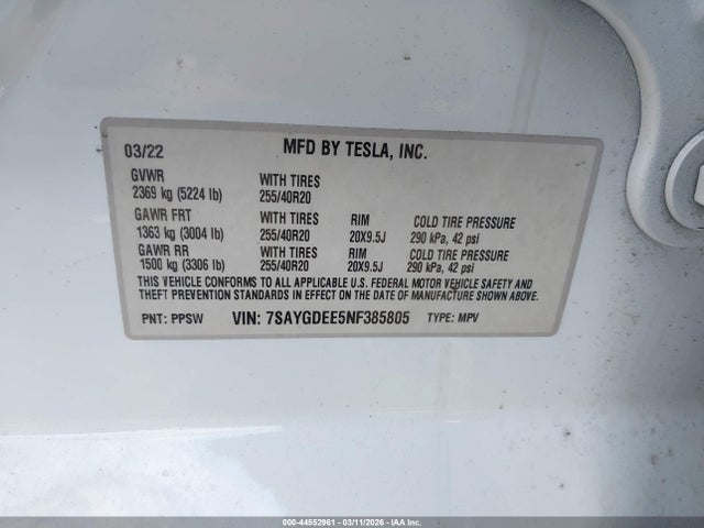 Aukcja sprzedaży 2022 Tesla Model Y Long Range Dual Motor All-wheel Drive, vin: 7SAYGDEE5NF385805, numer aukcji: 44552961