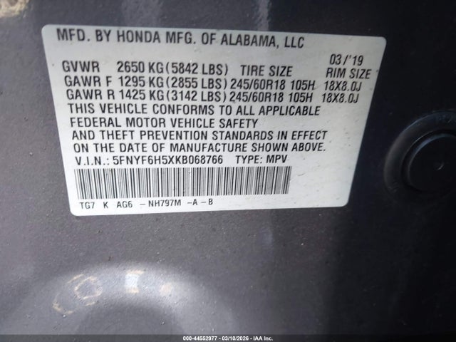 5FNYF6H5XKB068766 Honda Pilot Ex-l