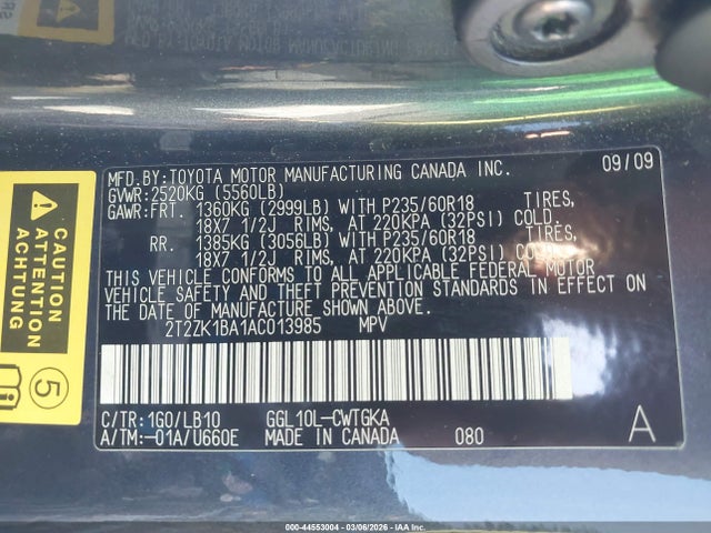 44553004 :رقم المزاد ، 2T2ZK1BA1AC013985 vin ، 2010 Lexus Rx 350 مزاد بيع